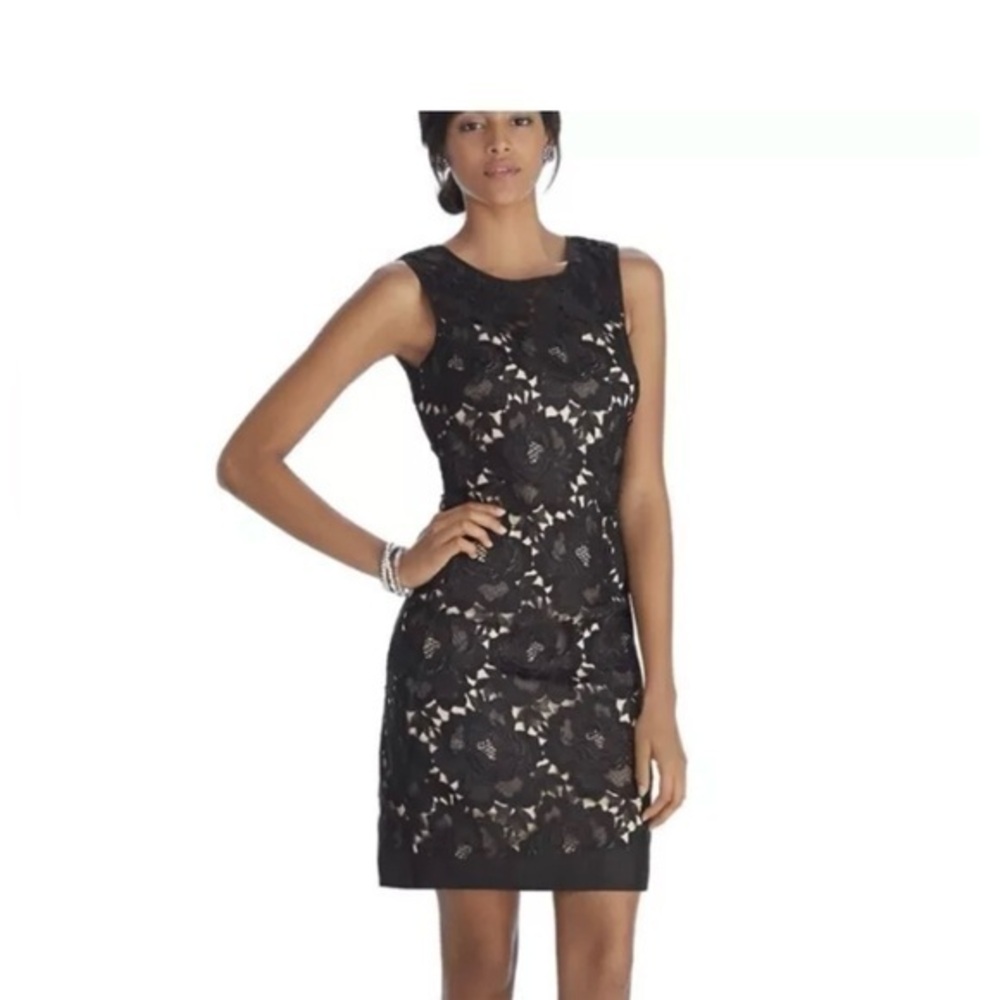 Like New WHBM Iconic Strarlet Sleeveless Lace Overlay Black Shift Dress 6 Petite